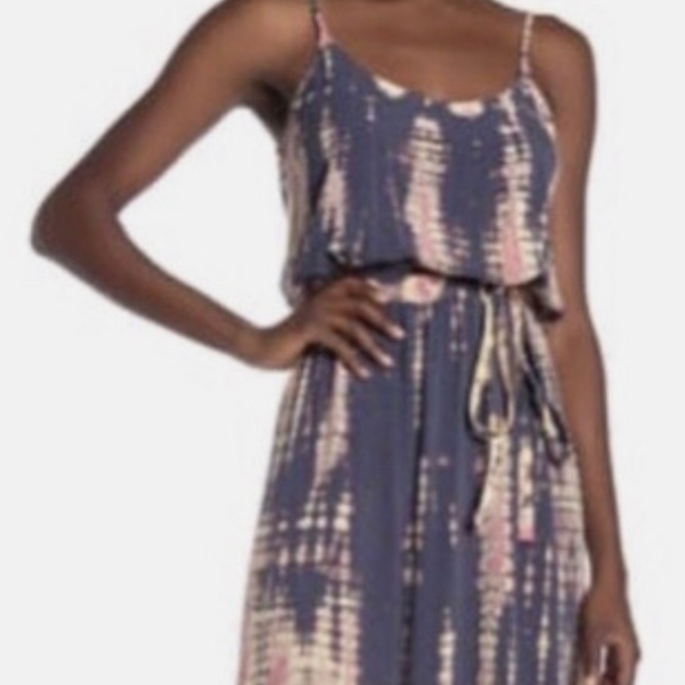 Michael Stars Blue Pink L Jenna Tie Waist Maxi Dress Tie Dye Beach Outdoor